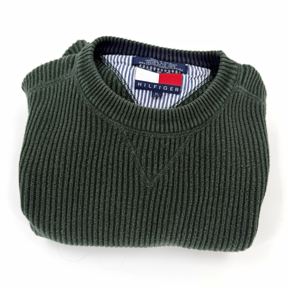 Tommy Hilfiger Mens XL Green Ribbed Cotton Crewneck Sweater Shaker Knit Logo